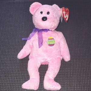 Ty Plush Pink Bear with Purple Bow